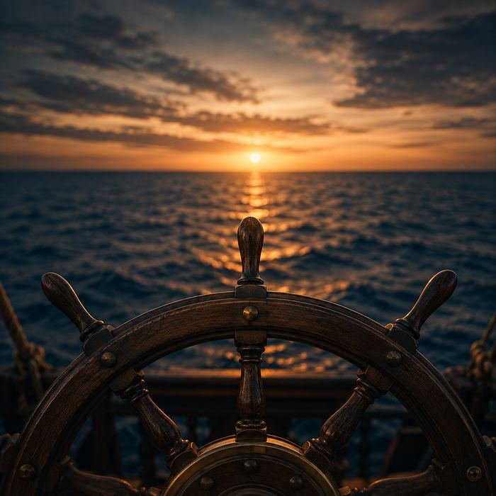 AI Enablement Advisory Ship's wheel at sunset representing AI Enablement Advisory