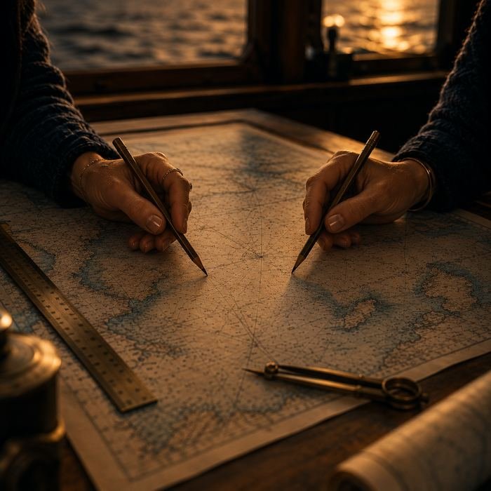 Executive AI Enablement Hands charting a course on a nautical map for Executive AI Enablement